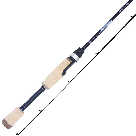 The Dobyns Sierra Trout and Panfish Series Spinning Rod, model STP 620-2SF, is a 6'2" ultra-light rod with a cork handle and sleek black shaft. It features streamlined guides and secure metal/plastic connectors, perfect for avid trout anglers.