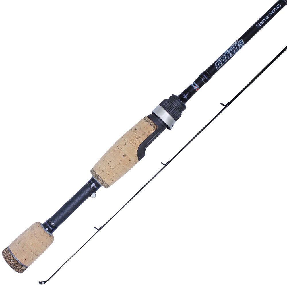 The Dobyns Sierra Trout and Panfish Series Spinning Rod, model STP 700-2SF, is a 7'0" ultra-light rod perfect for targeting Sierra Trout and Panfish. It features black cork handles at both ends and showcases the "St. Croix" logo near the grip.