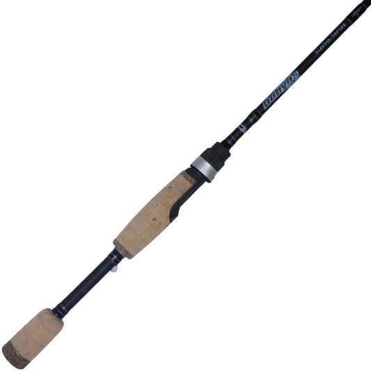 The Dobyns Sierra Trout and Panfish Series Spinning Rod 7'0" Ultra Light | STP 700SF by American Legacy Fishing features a cork handle, sleek black finish, comfort grip, and sturdy metal reel seat, elegantly displayed diagonally on a white background.