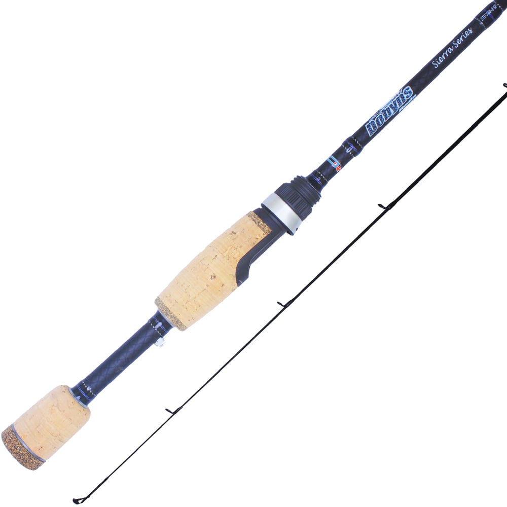 The Dobyns Sierra Trout and Panfish Series Spinning Rod, a 7'4" ultra light rod with cork grip and black finish, elegantly displays its brand. Perfect for trout or panfish fishing, it rests diagonally against a plain white background to highlight its sleek design.