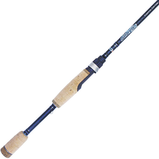 The Dobyns Sierra Trout and Panfish Series STP 740SF is a 7'4" ultra-light spinning rod with a cork handle and dark blank. Crafted from high modulus graphite, it has metal accents, markings near the handle for sleekness, and is shown on a white backdrop.