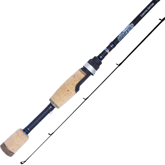 The Dobyns Sierra Trout and Panfish Series Spinning Rod, model STP 791-2SF, features a sleek design with a black body, cork handle, line guide, and reel seat. This 7'9" light 2-piece rod is perfect for targeting trout and elegantly displays the Dobyns brand name.