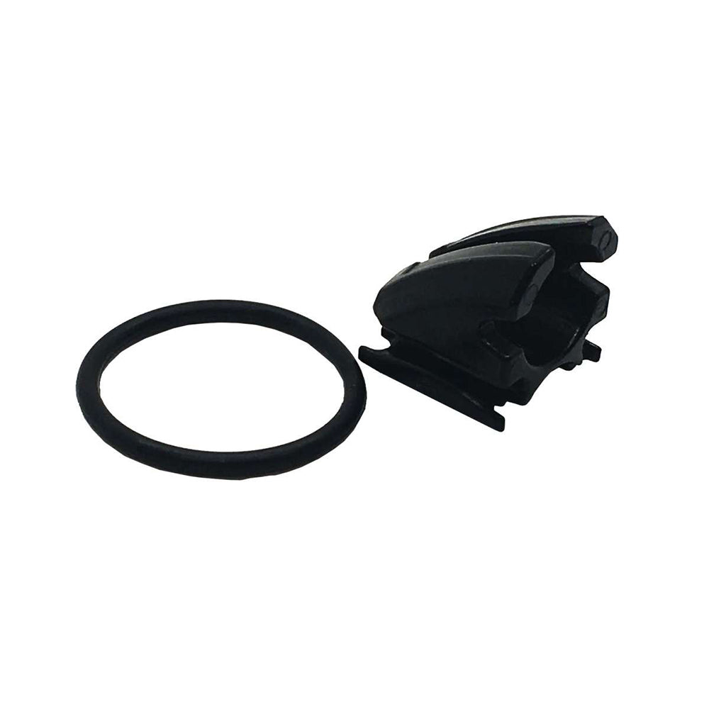 A black plastic mounting clip with a circular rubber O-ring beside it, both on a white background—an essential fishing accessory from Drop Shot Jock’s original collection.