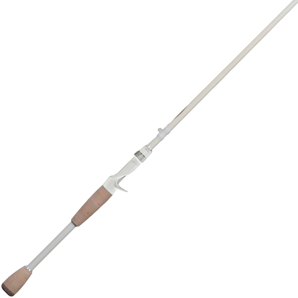 The Duckett Pro Series Casting Rod, Jason Lambert 7'6" Medium Heavy, utilizes Carbon Nano Technology and features a white finish with a cork handle and silver reel seat, elegantly diagonal on a pristine background.