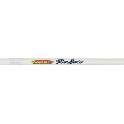 Close-up of the Duckett Pro Series Casting Rod Kelley Jordan 6'8" Medium, featuring a white shaft. The "Duckett Fishing" logo in red and green on a yellow oval displays "Pro Series" in blue script, enhanced with Sensi-Touch Blanks for superior sensitivity and precision.