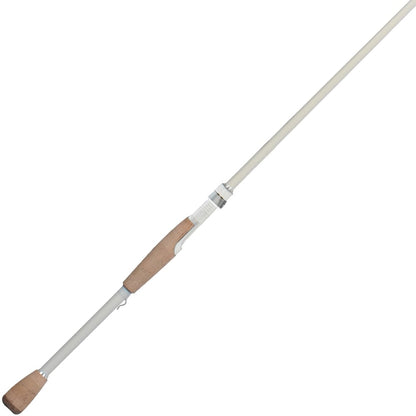 The Duckett Pro Series Spinning Rod Gary Klein 7'1" Medium offers elegance with its light gray body, cork handle, and advanced Sensi-Touch blanks. It tapers from base to tip, designed for casting, with a reel seat featuring metal fittings for a sleek and minimalistic design.