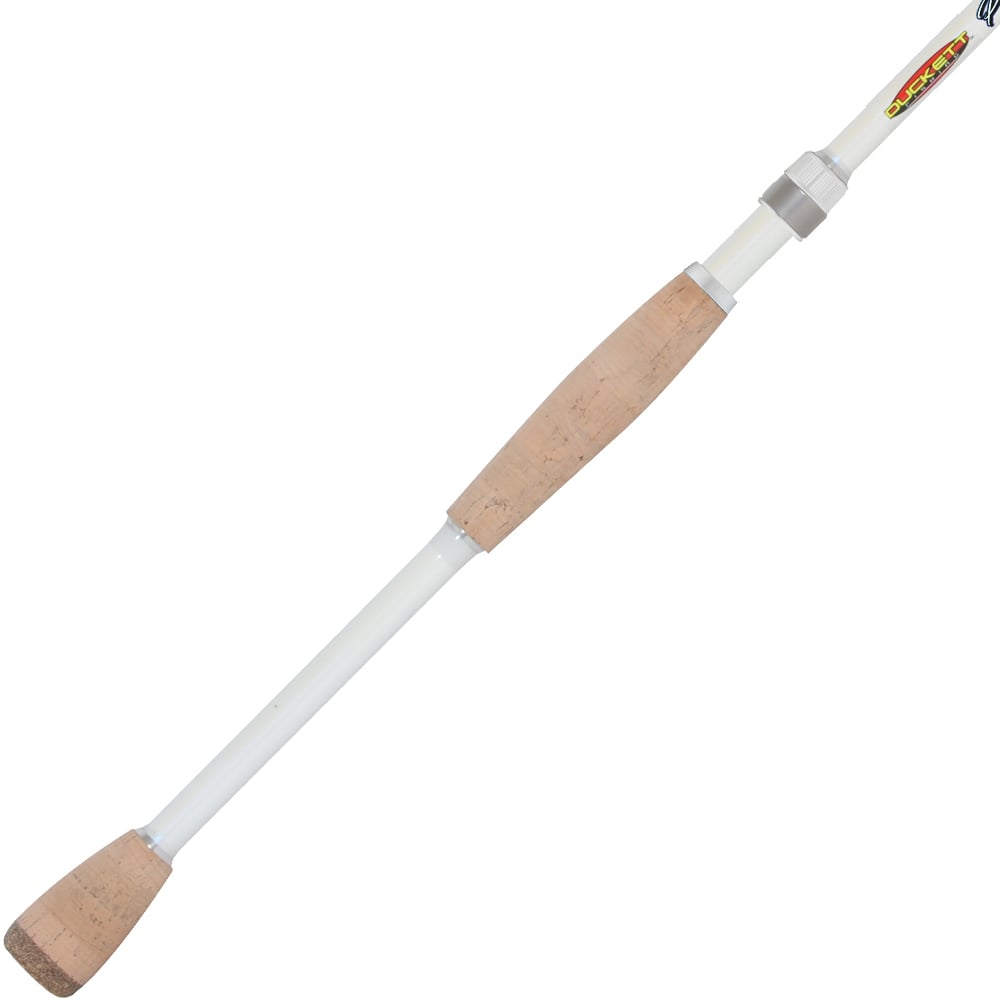 The Duckett Pro Series Spinning Rod Gary Klein 7'1" Medium features a white body, cork handle grips, and Sensi-Touch blanks for sensitivity. Designed for casting, it includes a metal reel seat and utilizes Carbon Nano Technology for sleek functionality in sport fishing.