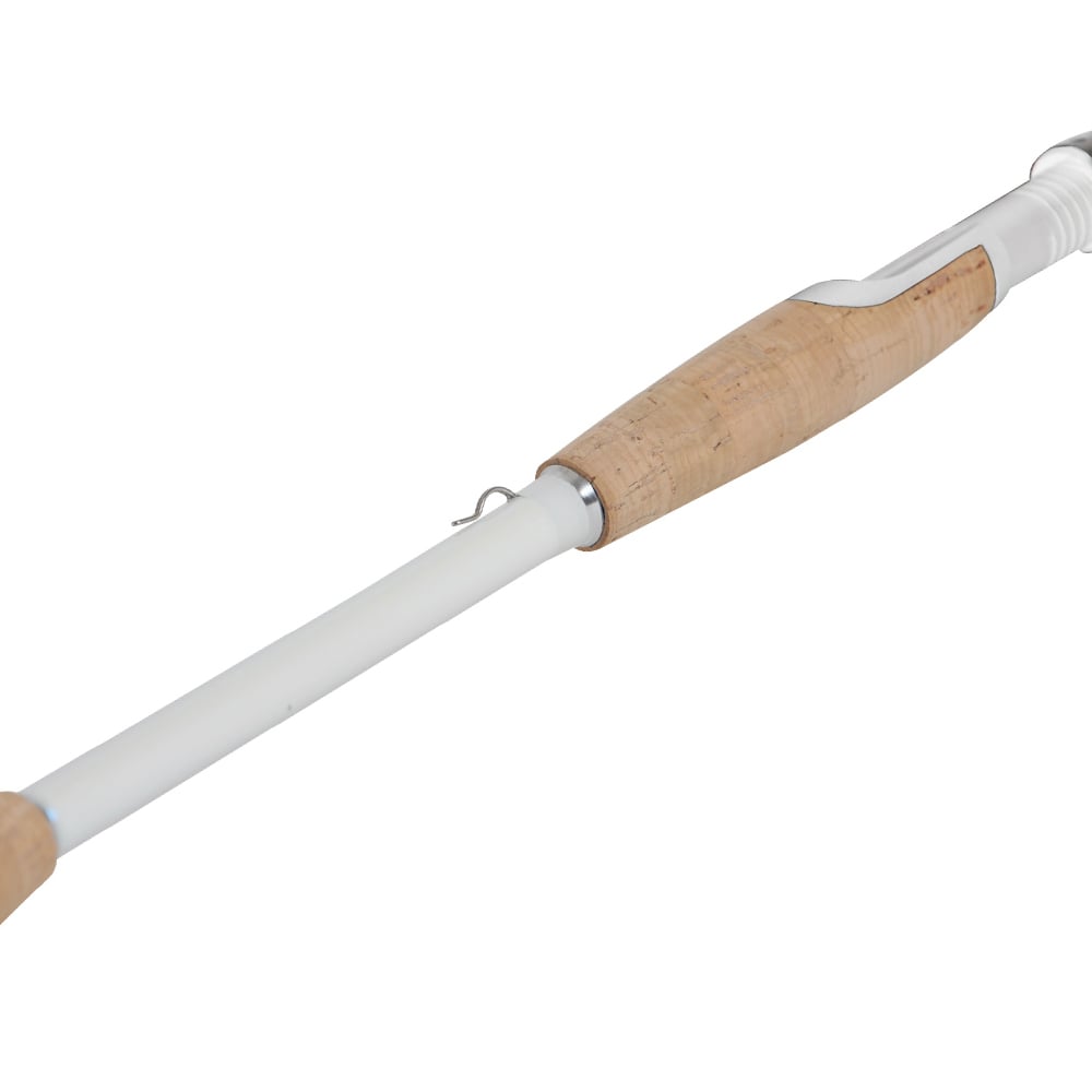 Close-up of the Duckett Pro Series Spinning Rod Dean Rojas 6'9" Medium Heavy with a cork handle, metal hook holder, and white Sensi-Touch blank rod partially out of view against a plain white background.