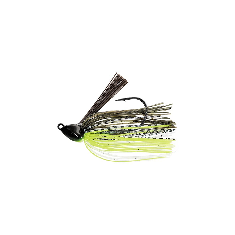 Meet the Evergreen Grass Ripper Jig: It showcases a teardrop-shaped black head with a brown bristle weed guard. The skirt features green, black, and yellow strands, some speckled with dots. Its hook is designed for precision swimming straight from the back.