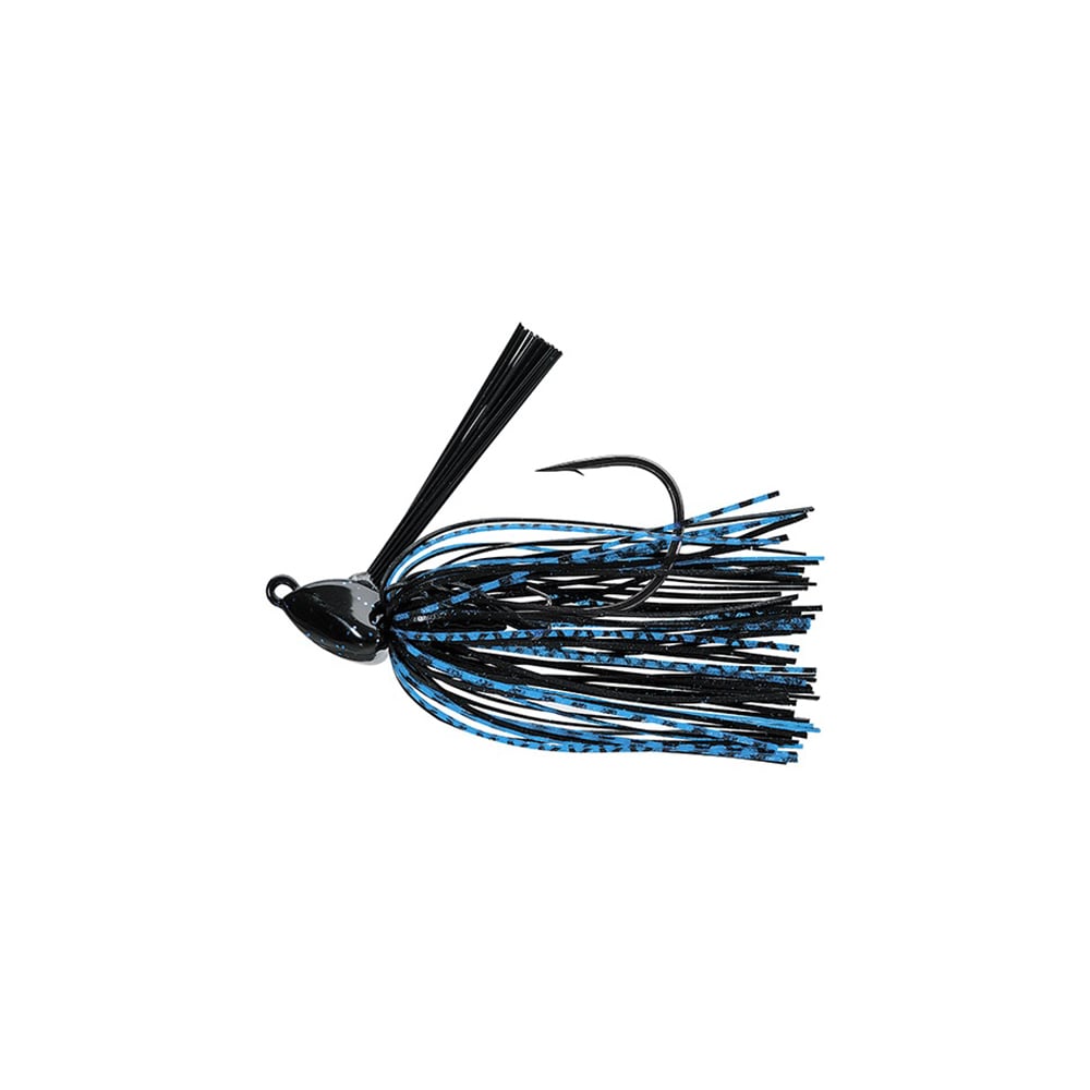 Introducing the Evergreen Grass Ripper Jig by Evergreen, featuring a black head and blue-black skirt, crafted for dedicated anglers. Its hook melds with the head while thin skirt strips mimic strands to attract fish effectively.