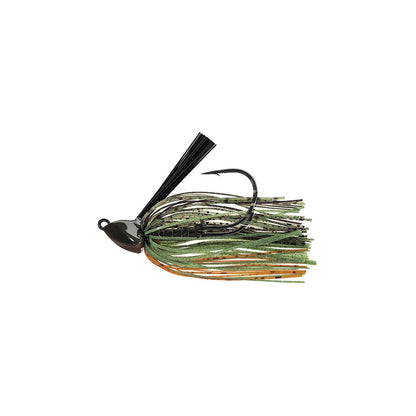 Presenting the Evergreen Grass Ripper Jig by Evergreen, boasting a teardrop-shaped painted head, durable hook, and a lively skirt with green, orange, and black strands crafted to swim smoothly through water.
