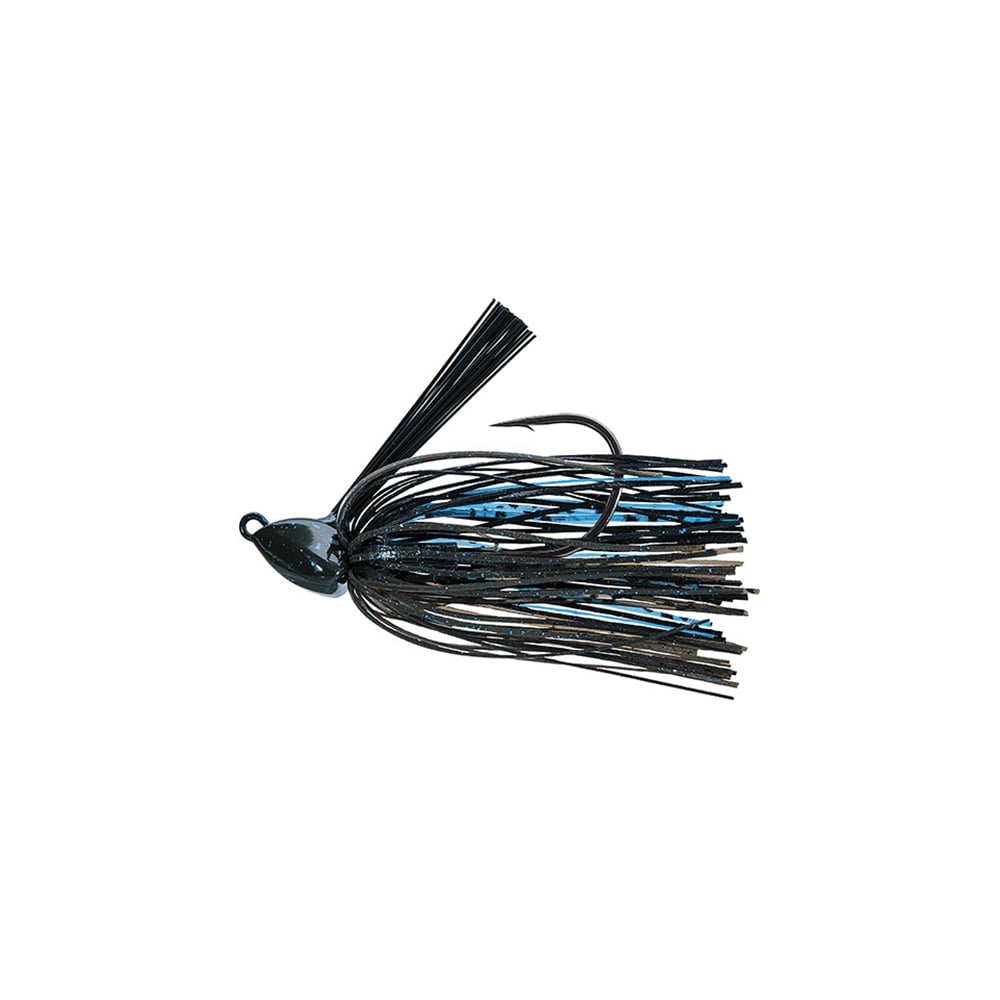 Introducing the Evergreen Grass Ripper Jig, a top choice for anglers. This fishing jig features a black/blue skirt and sharp hook, with a rounded black head ideal for freshwater fishing.