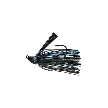 The Evergreen Grass Ripper Jig, available in black and blue, includes a weed guard and sharp hook with a mixed-strand skirt. This expertly crafted jig head is tailored for underwater use by anglers to effortlessly attract fish.