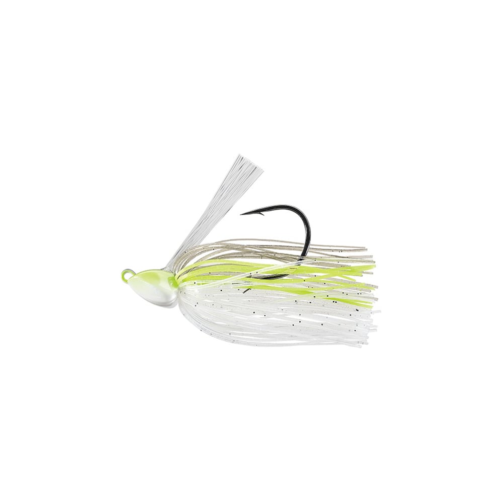 The Evergreen Grass Ripper Jig, popular with anglers, includes a white and lime green fine-stranded skirt with black speckles and a single hook. Its rounded head imitates a small baitfish, ideal for jig enthusiasts.