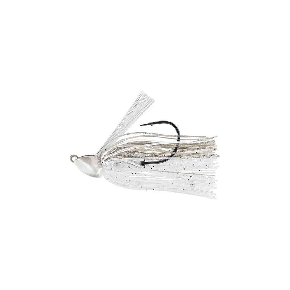 Meet the Evergreen Grass Ripper Jig: a white fishing lure featuring a teardrop-shaped lead head with multiple skirt-like strands. A single black hook is nestled within, and the sparkling effect of the strands enhances its prey-mimicking allure in water.
