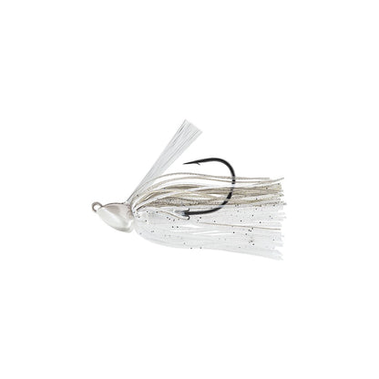 Meet the Evergreen Grass Ripper Jig: a white fishing lure featuring a teardrop-shaped lead head with multiple skirt-like strands. A single black hook is nestled within, and the sparkling effect of the strands enhances its prey-mimicking allure in water.