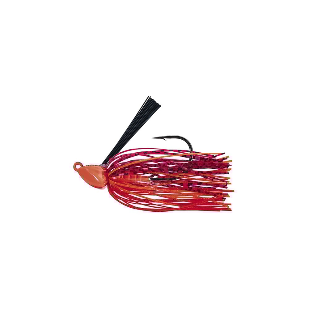 The Evergreen Grass Ripper Jig features a vibrant red and orange hue, fringed skirt, black weed guard, and single hook. It's crafted to mimic an underwater creature—ideal for anglers seeking a reliable jig for their next catch.