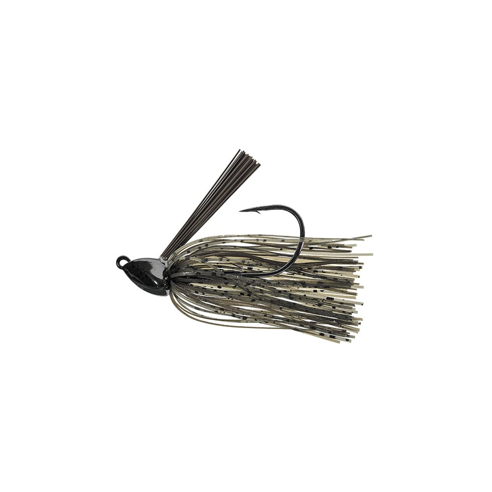 Introducing the Evergreen Grass Ripper Jig, a stylish black and silver lure ideal for anglers. It features a jig head and flexible skirt strands to attract fish, with a hook cleverly hidden within the skirt. Set against a plain white backdrop.