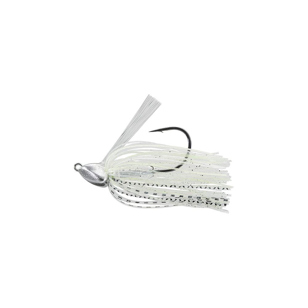 Introducing the Evergreen Grass Ripper Jig, featuring a silver head and white fringed skirt ideal for attracting fish. Its prominently curved hook ensures effective bait presentation, making it a favorite among skilled anglers.
