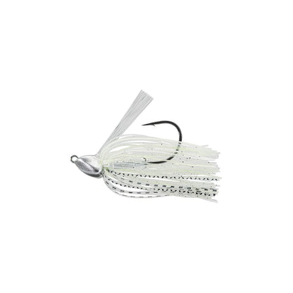 Introducing the Evergreen Grass Ripper Jig, featuring a silver head and white fringed skirt ideal for attracting fish. Its prominently curved hook ensures effective bait presentation, making it a favorite among skilled anglers.