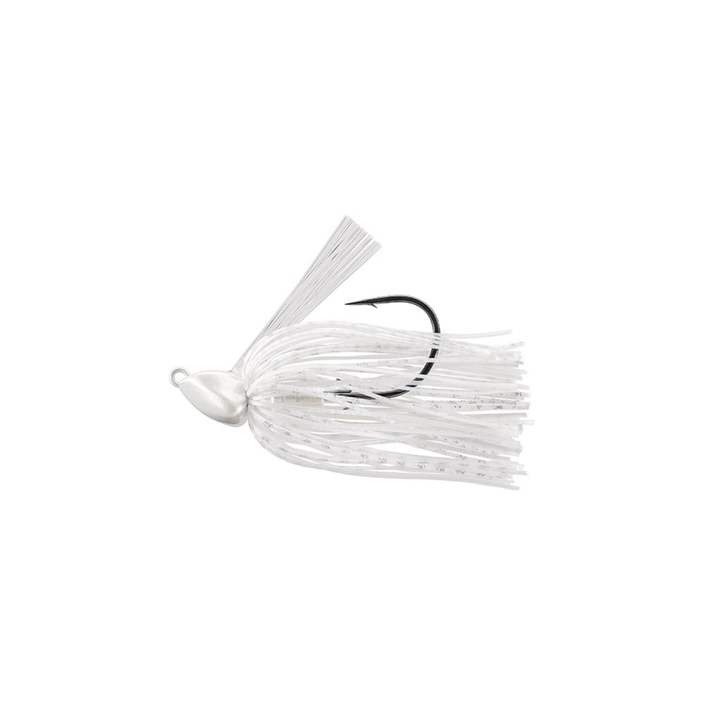 The Evergreen Grass Ripper Jig is a white fishing jig perfect for anglers, featuring a hook and fringed skirt. Its reflective strands add shimmer, and the rounded, smooth jig head enhances the streamlined design.