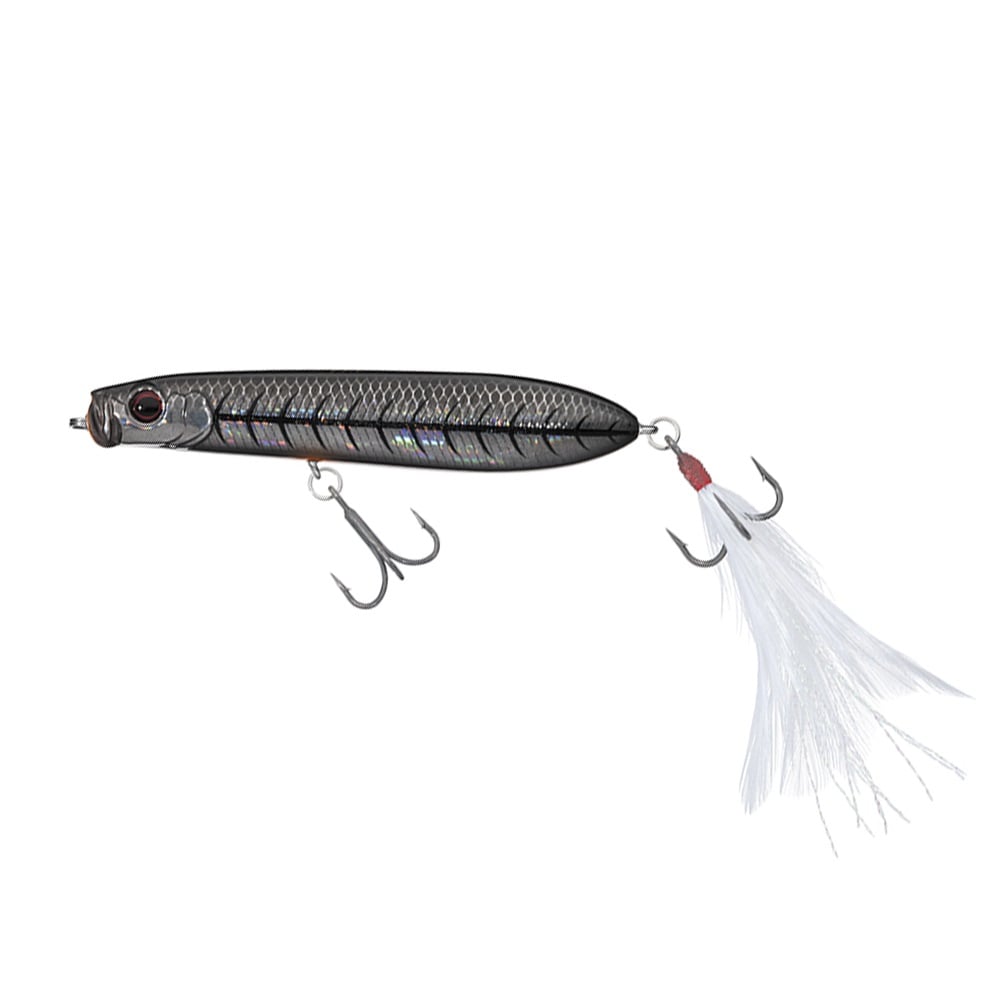 The Evergreen SB-77.7 Topwater Bait by Evergreen is a metallic fishing lure with a fish scale pattern, red and black eye detail, two feather hooks, and a white feathered tail, shown on a white background.