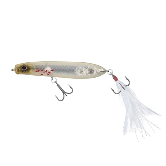 The Evergreen SB-77.7 Topwater Bait by Evergreen features a transparent fish-like head, red accents, two feather hooks, and a white feathered tail for reduced air resistance, shown isolated on a white background.