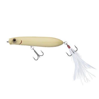 The Evergreen SB-77.7 Topwater Bait by Evergreen is a beige, fish-shaped lure with air-resistance reduction, two feather hooks (center and tail), and a subtle red accent near the head for greater attraction.