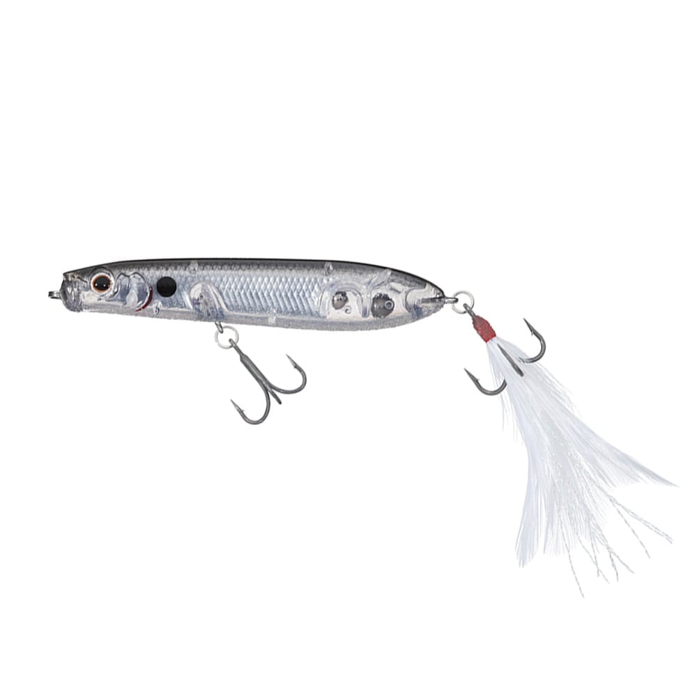 The Evergreen SB-77.7 Topwater Bait by Evergreen is a silver, fish-shaped lure with two treble feather hooks for better attraction and less air resistance, plus a white feather accent on the rear hook, shown on a white background.