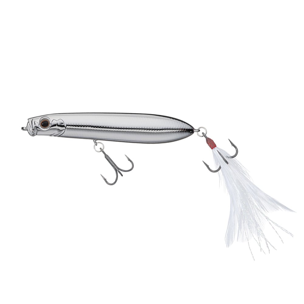 The Evergreen SB-77.7 Topwater Bait by Evergreen is a shiny silver lure with a fish-eye design, featuring one plain treble hook and another decorated with white feathers, all shown on a white background.