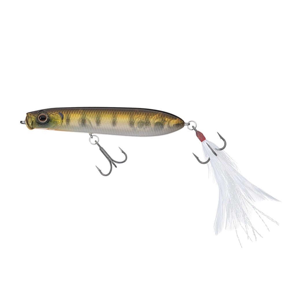 The Evergreen SB-77.7 Topwater Bait by Evergreen features a realistic fish shape, shiny brown and yellow pattern, two feather hooks, a feathered tail hook for extra attraction, and an air-resistant design displayed on a white background.