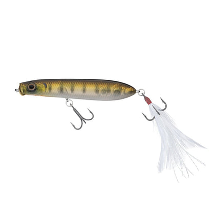 The Evergreen SB-77.7 Topwater Bait by Evergreen features a realistic fish shape, shiny brown and yellow pattern, two feather hooks, a feathered tail hook for extra attraction, and an air-resistant design displayed on a white background.