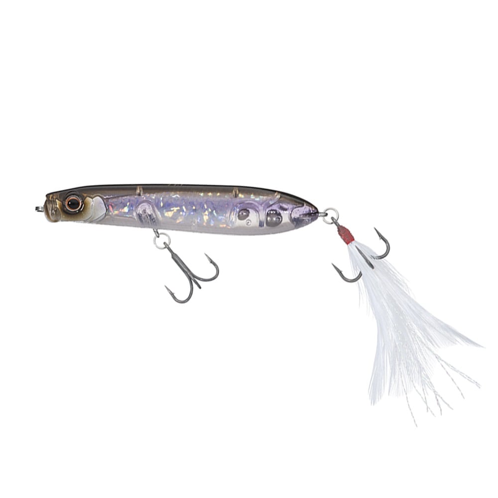 The Evergreen SB-77.7 Topwater Bait by Evergreen is a shiny, fish-shaped lure with air-resistance reduction, two hooks (one with a white feather at the tail), shown on a plain white background.