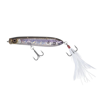 The Evergreen SB-77.7 Topwater Bait by Evergreen is a shiny, fish-shaped lure with air-resistance reduction, two hooks (one with a white feather at the tail), shown on a plain white background.