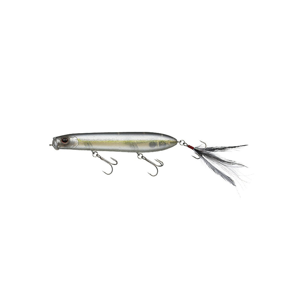 The Evergreen SB-105 Topwater Bait is crafted for bass fishing, designed like a small fish with a metallic green and white body. It has two treble hooks underneath and features a black feathered tail, making it ideal for attracting catches in freshwater environments.