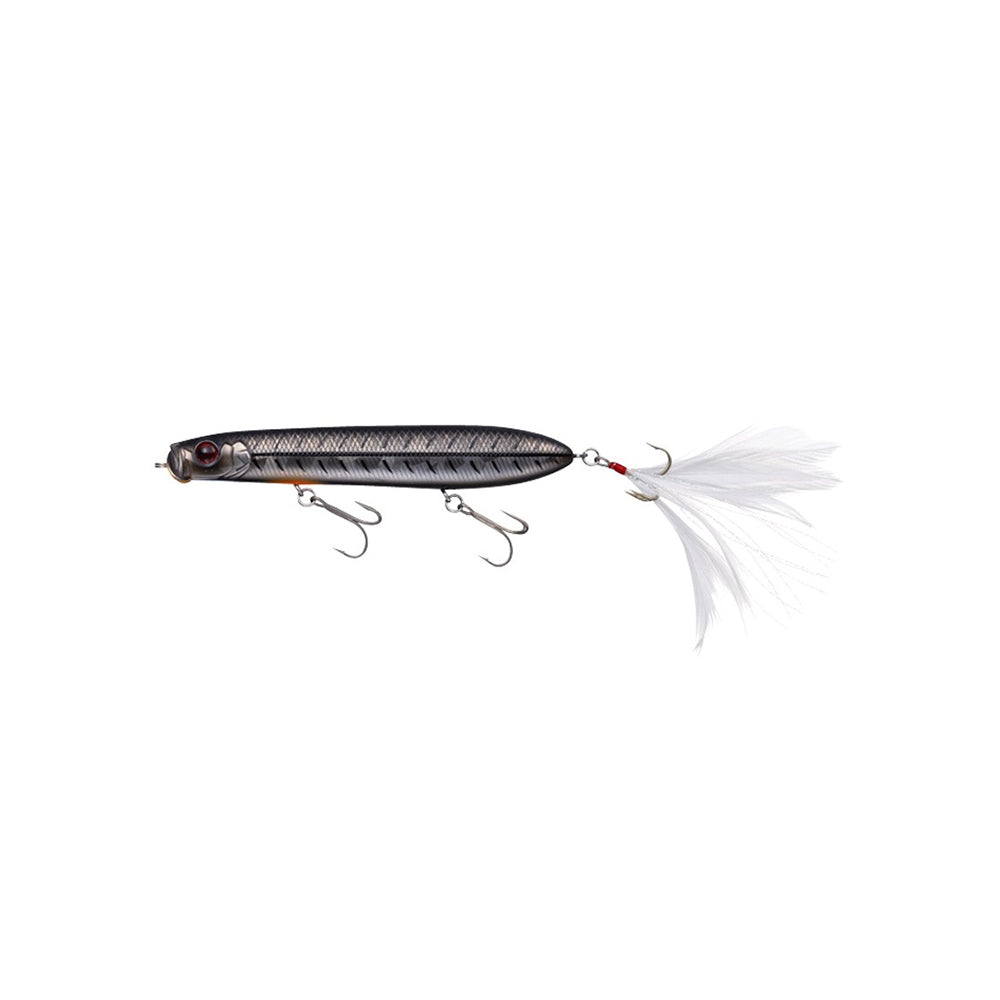 Introducing the Evergreen SB-105 Topwater Bait, a silver lure perfect for bass fishing with its dark top, light underbelly, two treble hooks underneath, and a feathered tail hook for topwater adventures.