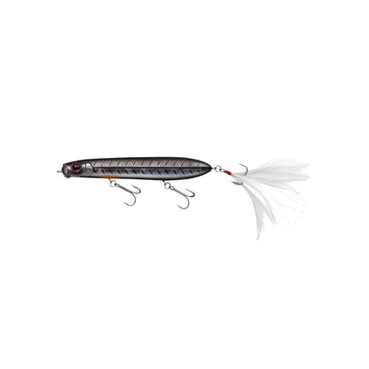 Introducing the Evergreen SB-105 Topwater Bait, a silver lure perfect for bass fishing with its dark top, light underbelly, two treble hooks underneath, and a feathered tail hook for topwater adventures.