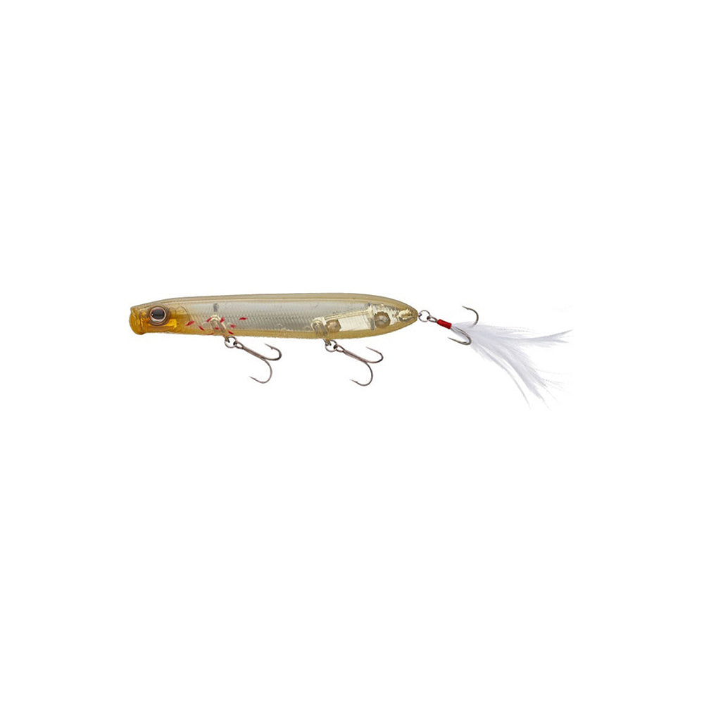 The Evergreen SB-105 Topwater Bait is crafted for bass fishing, showcasing a transparent body with metallic tones and a lifelike fish design. It comes with three treble hooks, with the rear hook embellished with white feathers and red accents to enhance its appeal.