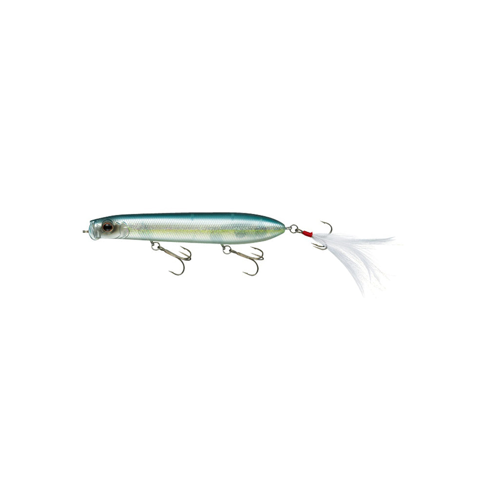 Introducing the Evergreen SB-105 Topwater Bait, a realistic fish-shaped lure ideal for bass fishing. Its metallic silver and green body has three sharp treble hooks and a feathered tail, making it an irresistible bait that attracts fish effortlessly.