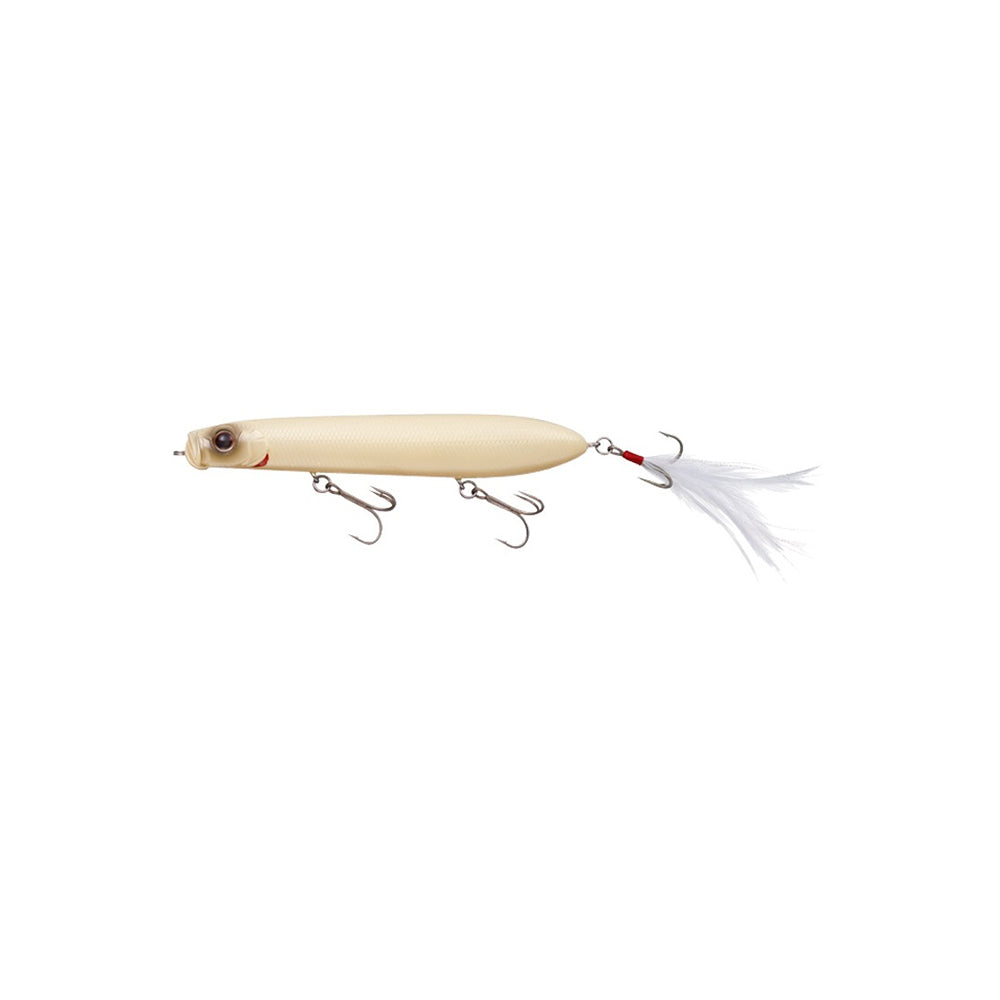 The Evergreen SB-105 Topwater Bait in beige features three treble hooks and a feathered tail, ideal for bass fishing, displayed on a plain white background.
