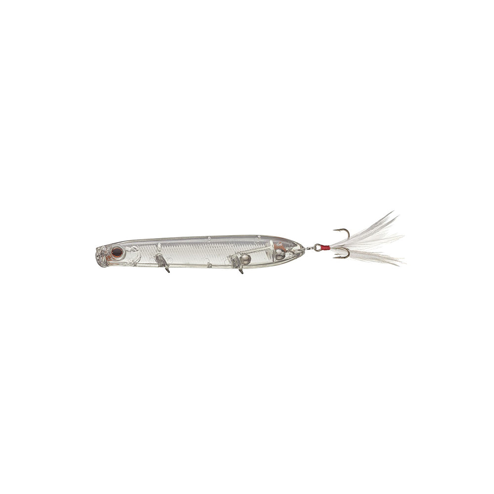 The Evergreen SB-105 Topwater Bait, ideal for bass fishing, boasts a transparent body, durable metallic hooks, and a small white feather on the rear hook. It is showcased against a plain white background to highlight its sleek and enticing design.