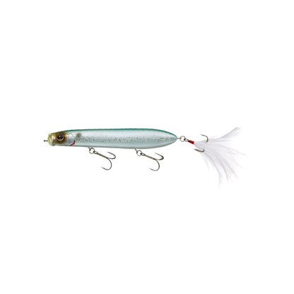 The Evergreen SB-105 Topwater Bait, by Evergreen, is a silver and blue lure with two treble hooks, a feathered tail, a shiny finish, and lifelike detailing near its head. Perfect for bass fishing.