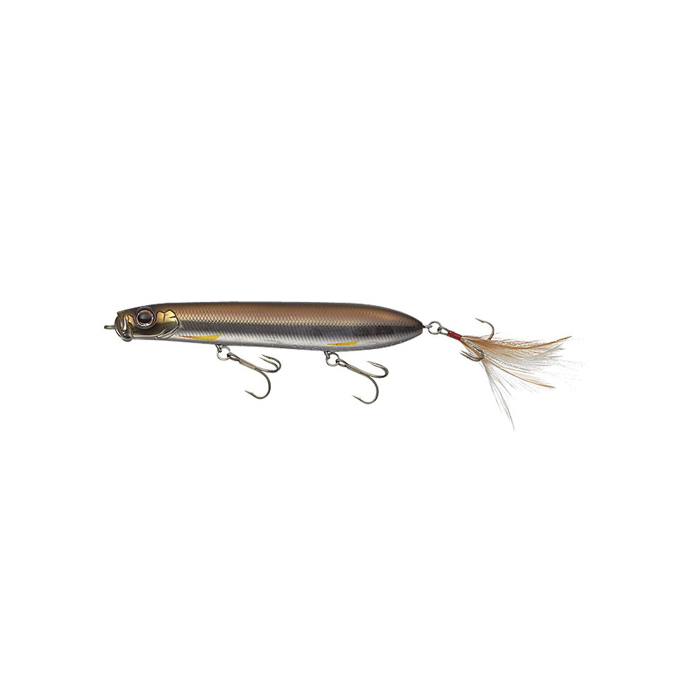 Discover the Evergreen SB-105 Topwater Bait, ideal for bass fishing. It features a detailed metallic body, two treble hooks, and a realistic fish-eye design. The feathered tail accentuates its shiny fish-like pattern with yellow hints around the eyes and tail for added allure.