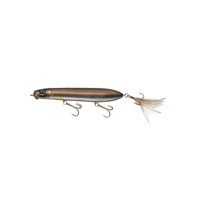 Discover the Evergreen SB-105 Topwater Bait, ideal for bass fishing. It features a detailed metallic body, two treble hooks, and a realistic fish-eye design. The feathered tail accentuates its shiny fish-like pattern with yellow hints around the eyes and tail for added allure.