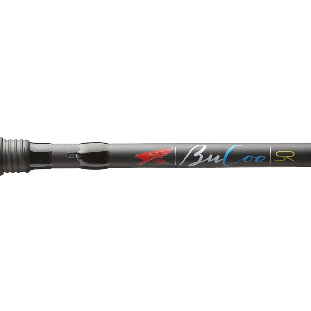 Close-up of the Falcon BuCoo SR Casting Rod "Weightless Worm" 6'7" Medium Heavy (BRC-5-167) handle, branded with "BuCoo SR" and red bird logo, featuring premium Fuji guides for smooth casting.