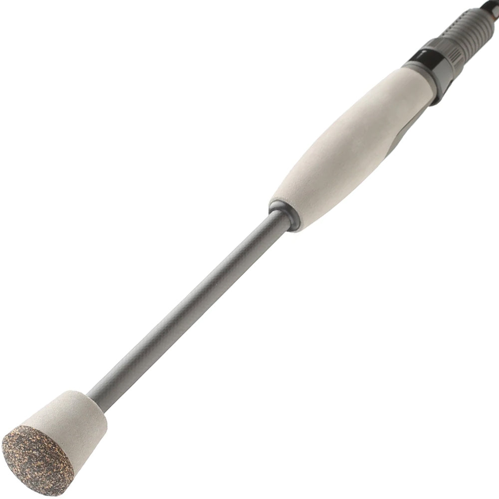 A close-up of the Falcon BuCoo SR Spinning Rod “MH Cranker Spin” 7'0" Medium Heavy (BRS-5-17) by Falcon, featuring a cork grip handle, gray shaft, and Fuji guides against a white background.