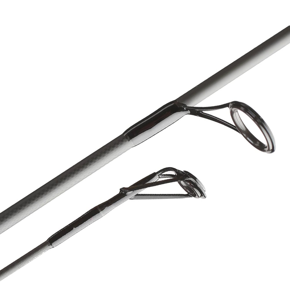 Close-up of the Falcon BuCoo SR "MH Cranker Spin" 7'0" Medium Heavy rod’s tip and Fuji guide rings, precisely attached for smooth line flow. The Falcon metal guides are shown clearly against a plain white background.