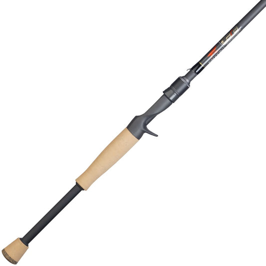 The Falcon Cara Casting Rod Jerkbait 6'8" Medium (CC-4-168) by Falcon is shown against a white background, featuring a black carbon fiber build, beige cork handle, and trigger grip.