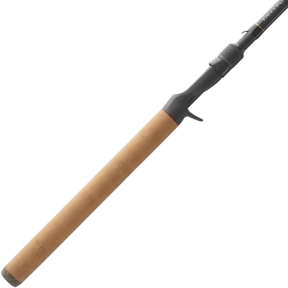 The Falcon Cara Casting Rod Pitching / Amistad XH 7'3" Extra Heavy (CC-8-173SW) by Falcon features a carbon fiber build, long smooth cork handle, black reel seat, and trigger grip, displayed against a white background.