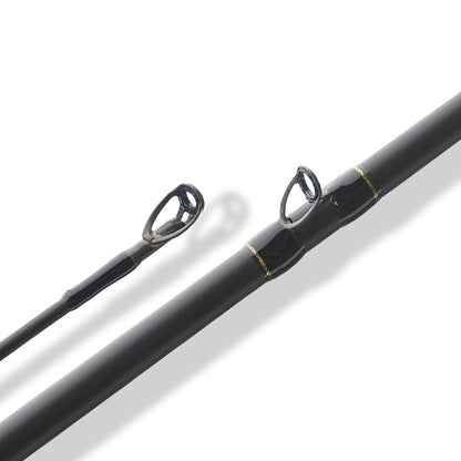 Close-up of two sections of the Falcon Cara Casting Rod Pitching / Amistad XH 7'3" Extra Heavy (CC-8-173SW) with metal line guides, set against a white background.